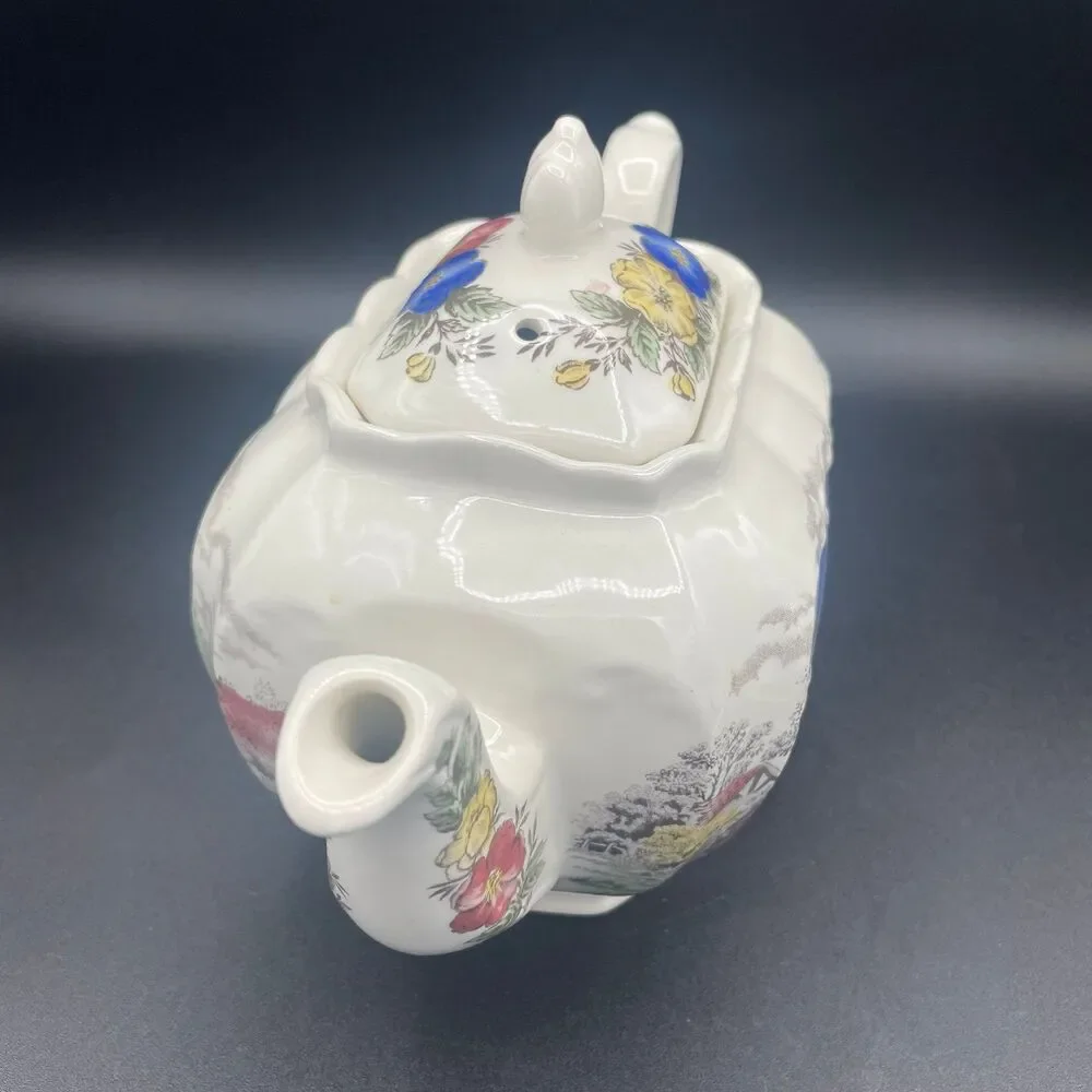 Vintage James Sadler Square Cube Teapot English Country Cottage Garden Scene